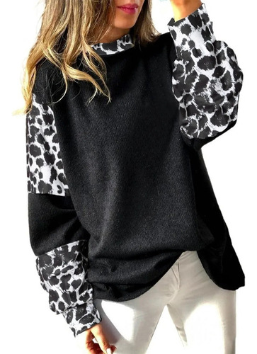 Blusa Color Negra Manga Larga Animal Print Leopardo Mujer