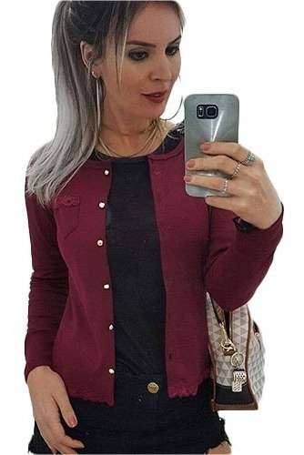 Cardigan Feminino Aberto Com Renda Blusa Manga Longa Casual