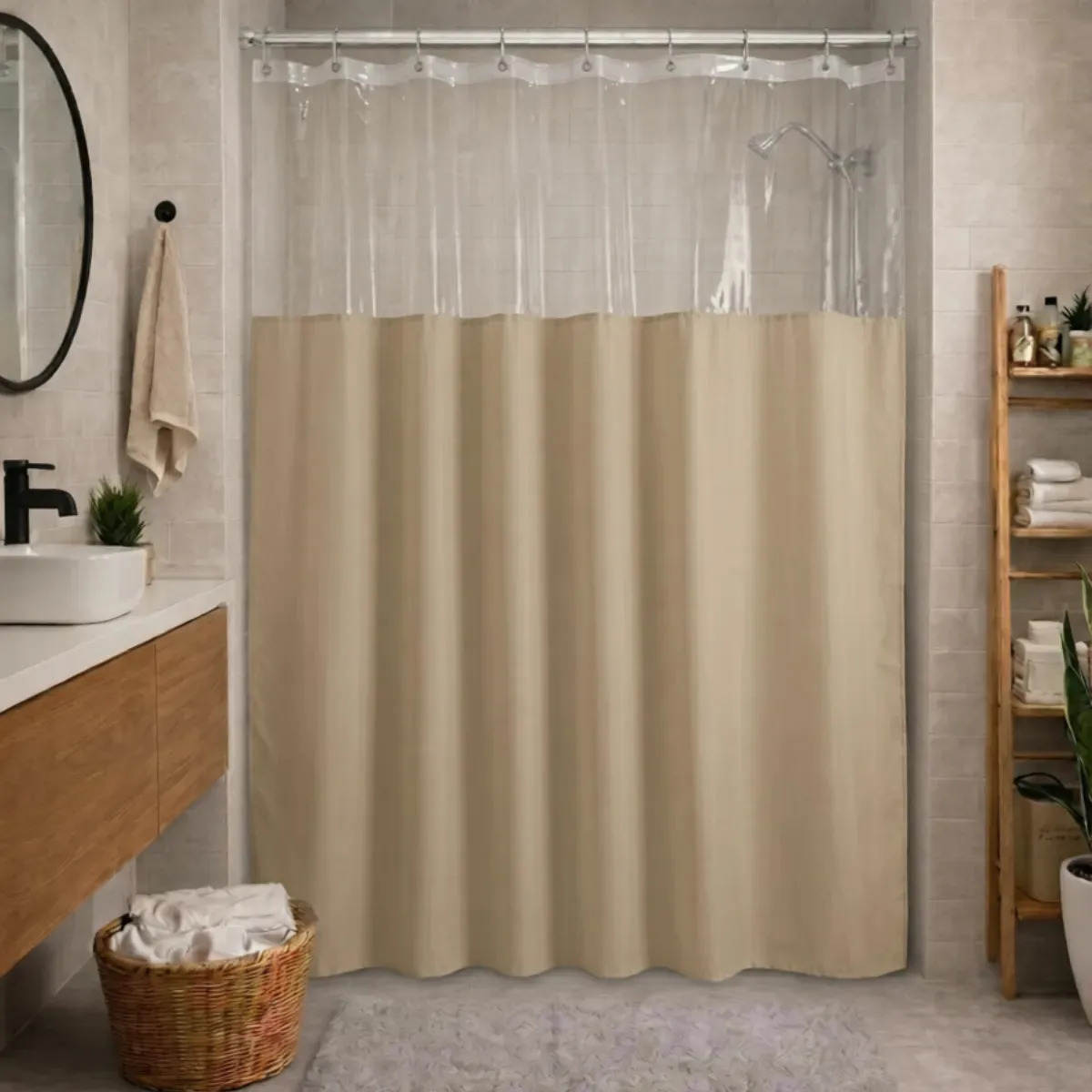 Cortina Box Banheiro Lisa Antimofo Vinil Grosso Impermeável Com Visor 1,35m X 2,00m Wiki Home Bege