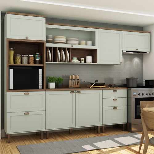Cozinha Completa Iluminata 7 Portas 4 Gavetas Verde Mint -