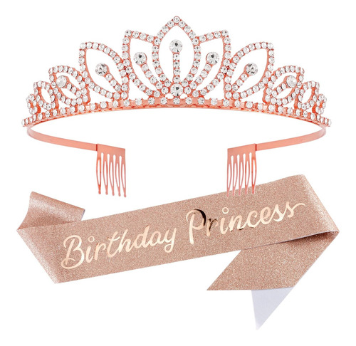 Curasa Corona De Princesa De Oro Rosa Y Banda De Princesa D
