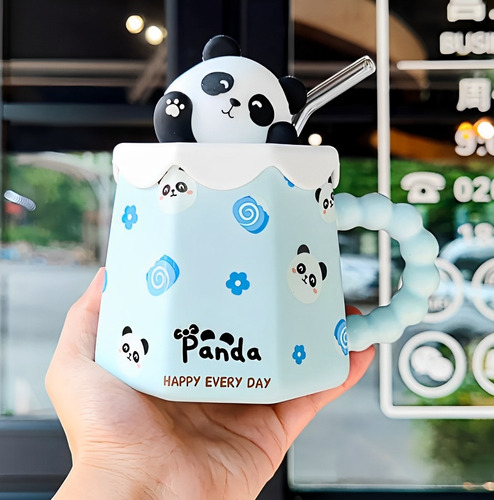 Taza De Cerámica 360 Ml Diseño Animal Con Tapa Y Popote