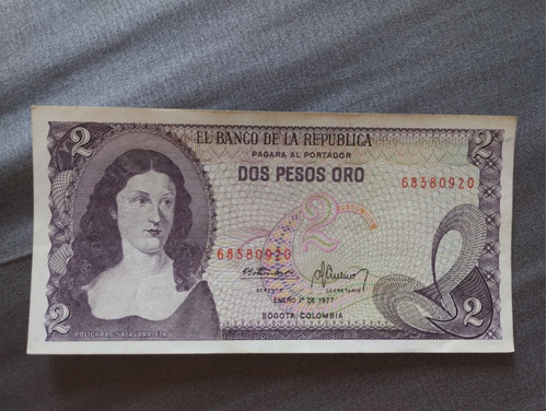 Billete Dos Pesos Oro Colombiano 1 Enero 1977