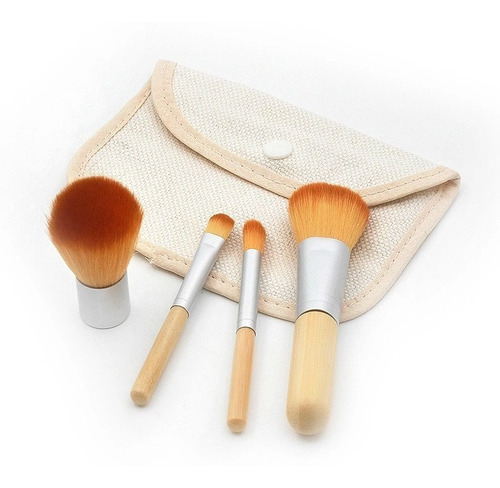 Juego De 4 Brochas  De Bambú Con Bolsa Cosméticos Maquillaje