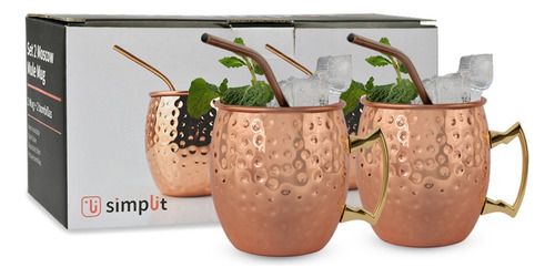 Set 4 Vasos Moscow Mule Mug Cobre + Bombillas Simplit