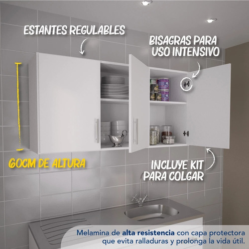 Imagen 5 de 10 de Alacena Cocina Melamina Mueble 2 Estantes Regulables Puertas