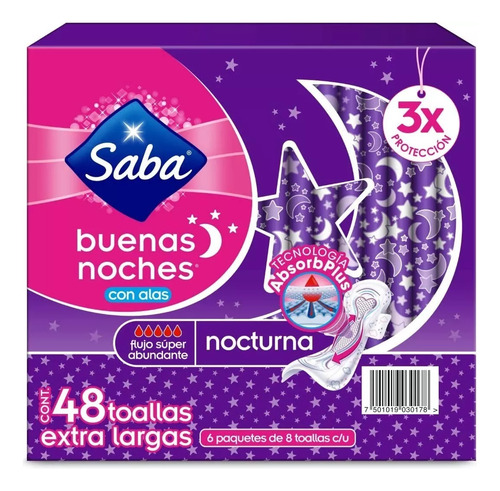 Toallas Femeninas Saba Buenas Noches Nocturna C/alas 48 Pzs