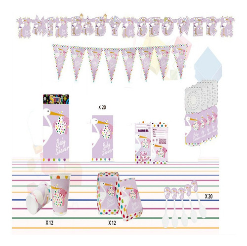 Decoración Infantil Fiesta Baby Shower Cigüeña Lila Set X12