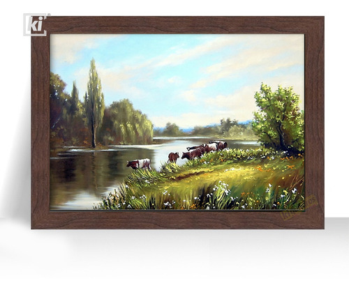 Quadro Decorativo Paisagem Rio Vacas No Campo Cor 32x44