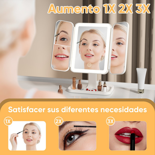 Espejo De Maquillaje Triple Plegable Con Luz Led Y Aumento