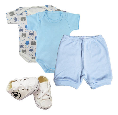 Kit Roupa De Bebê 4 Peças Body E Short E Sapatinho Look Bebê