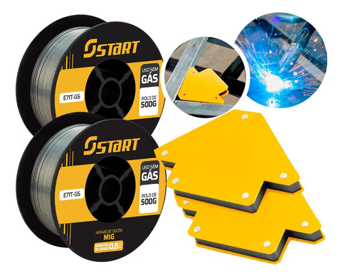 Kit 2 Arame Solda Mig Uso Sem Gás 0,8mm 0.5kg E71t-gs Start + 2 Esquadros 12kg