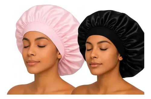 Kit 2 Touca De Cetim Com Faixa Anti Frizz Hidratacao Luxo Lf Rosapreto Cetim Simples