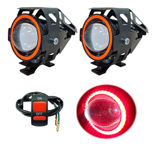 Par De Faros Para Moto Auxiliares Ojo De Ángel Rojo + Switch