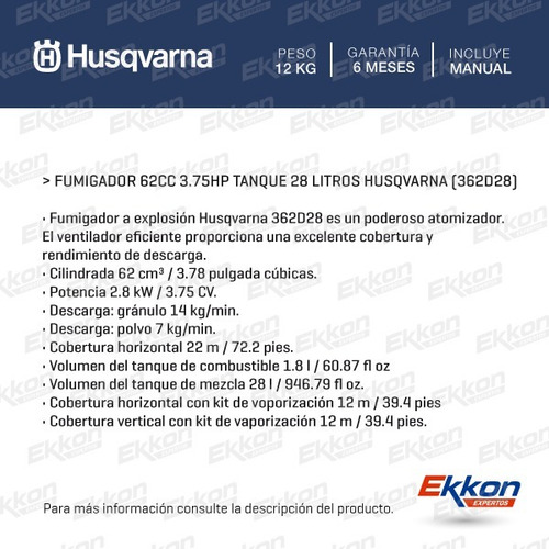 Imagen 2 de 8 de Fumigador Husqvarna Polvo Y Liquido 62cc 28l Mochila 362d28