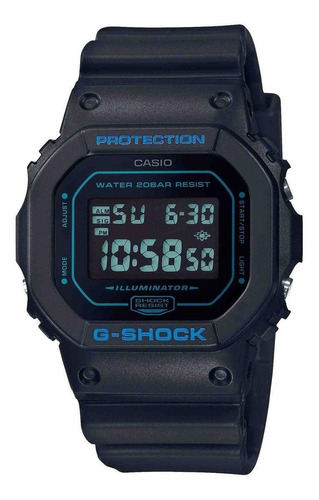 Relógio de pulso Casio G-Shock DW5600 com corpo preto,  digital, para sem gênero, fundo  preto, com correia de resina cor preto, subdials de cor verde, ponteiro de minutos/segundos verde, bisel cor preto e azul, luz azul-verde e fivela simples