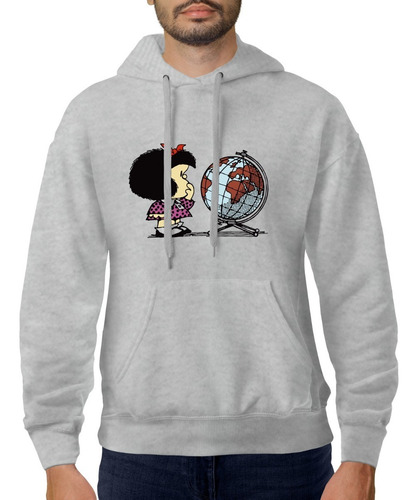 Imagen 2 de 6 de Buzo Gris Capucha Mafalda Globo Mundo Hombre Mujer Niños