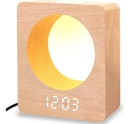 Reloj Despertador Digital De Madera Luz Nocturna, Hecho...