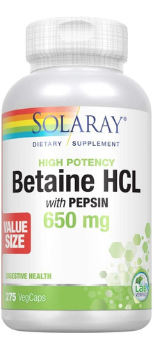 Betaína Hcl Con Pepsina 650 Mg Solaray 275 Capsulas