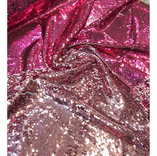 Tecido Paetê Bordado Reversível Pink Com Rosê Gold