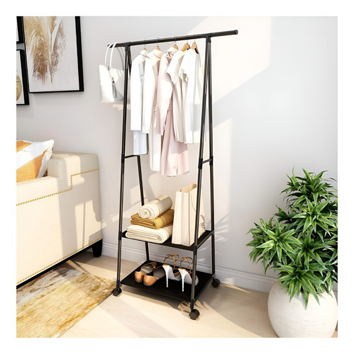 Perchero Organizador Rack De Ropa, Closet Zapatero Cn Ruedas Color Negro