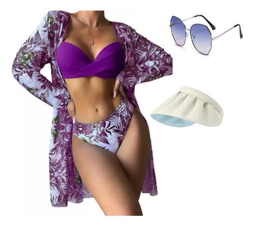 Traje De Baño Bikini Sexy Tres Piezas + Sombrero + Gafas Sol