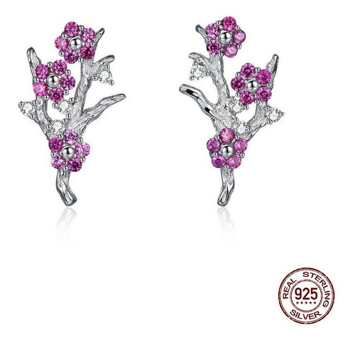 Aretes Flor De Sakura Plata Esterlina S925 Con Zirconias