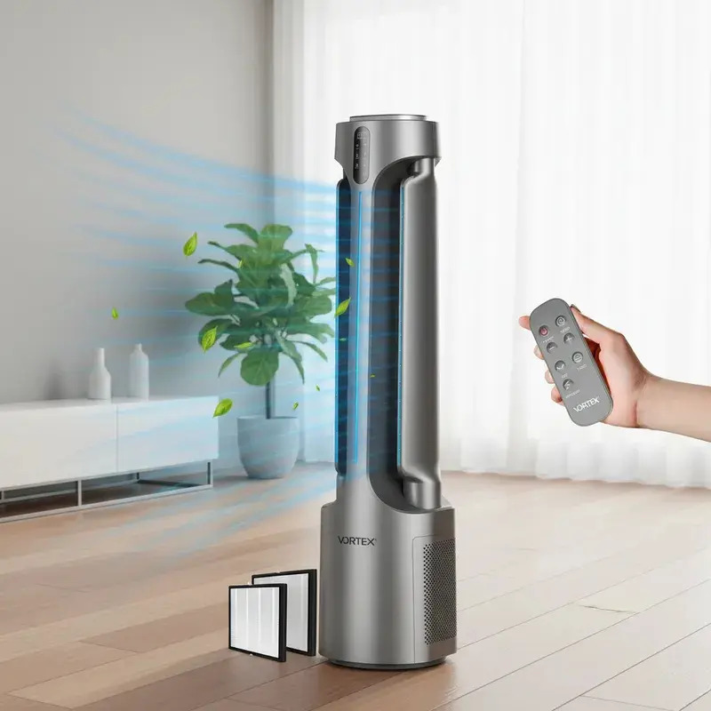 Ventilador Torre Sin Aspas Con Filtro de Aire HEPA Vortex PureBreeze VTV-033 Control Remoto 24 Velocidades Plateado