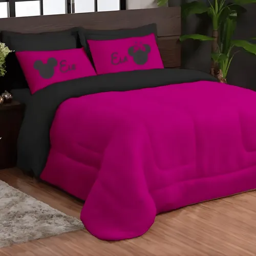 Edredom Queen 5 Peças Dupla Face Fronha Mickey/minnie Pink E Preto Liso
