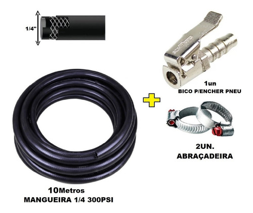 Kit 10mt Mangueira Ar Compressor + Bico Encher Pneu Presilha