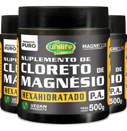 Kit 3 Hexahidratado de cloruro de magnesio p.A - Unilife, 500 g, sabor natural