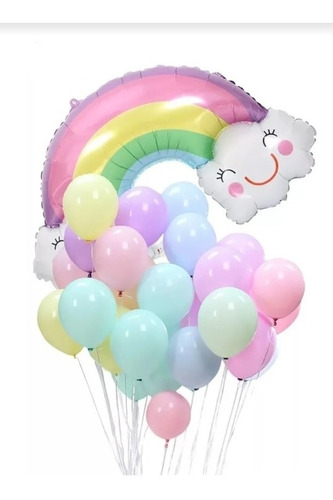 Imagen 2 de 3 de 25 Globos Pastel + Globo Arco Iris + Cortina