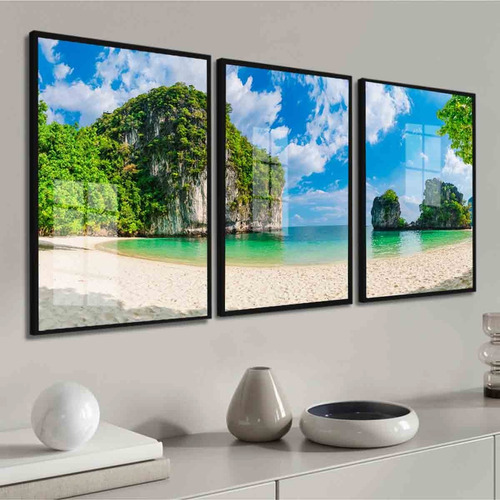 Kit Quadros Decorativos Paisagem Praia Azul Tailândia Vidro