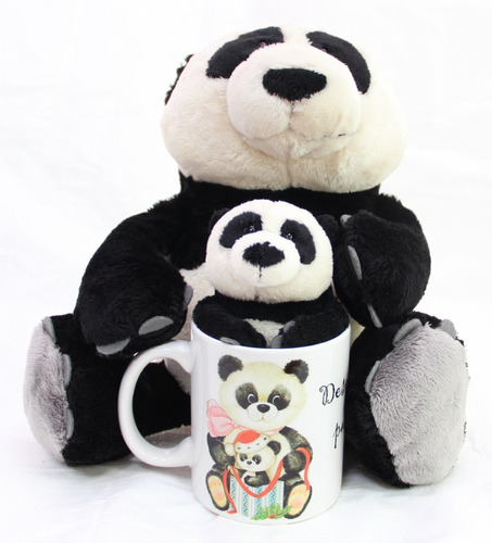 Urso Panda 35cm + 15cm + Caneca 330ml Natal Festa Natalina