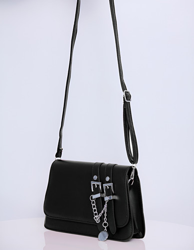 Cartera Mini Bag Tresher De Eco Cuero Con Cadena Decorativa Negro Liso Plateado Negro