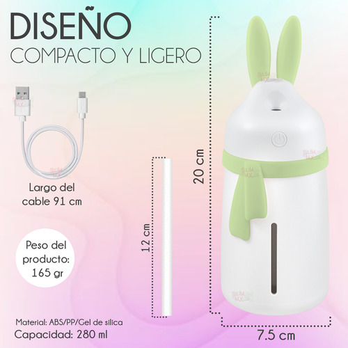 Humidificador Difusor De Aromas Diseño De Conejo Con Bufanda Con Luz Led Slim Company Para Aromaterapia, Sesiones De Relajación, Purificación Del Aire Color Blanco Con Verde