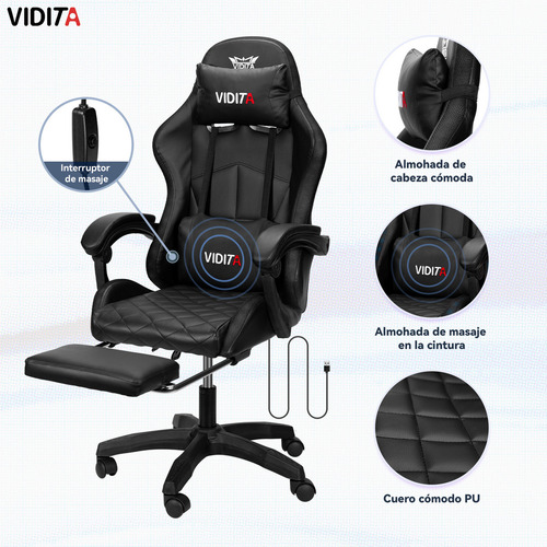 Silla Gamer Rgb Knight800 Reclinable Con Masajeasdor Reposapiés Vidita Silla Gaming PC Videojuego Cuero Sintético Color Negro
