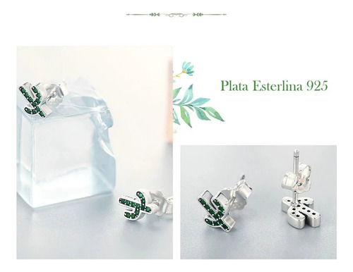 Aretes Planta Cactácea Cactus Circonia Verde Plata S925