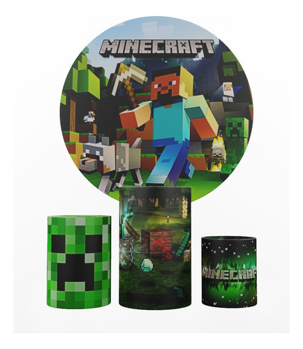 Painel Redondo Minecraft 01 + Capas Para Cilindros Cor Verde