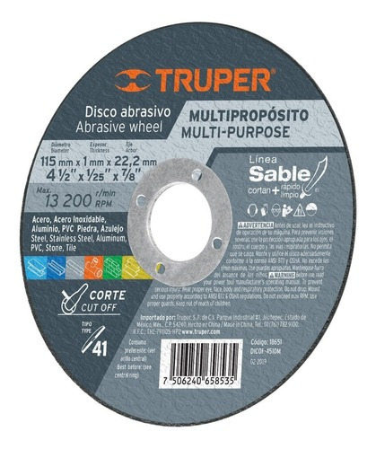 Disco T.41 Para Corte Multipropósito 4-1/2 PuLG 18651