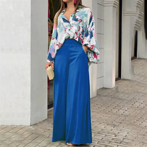 Camisa Estampada, Pantalones Anchos, Elegante Traje Casual