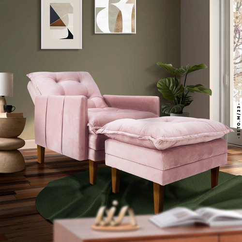 Poltrona Confortável Com Puff Veludo Rose Louis Shop Jm