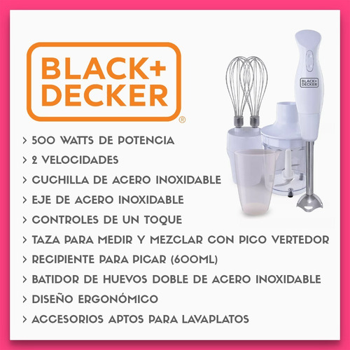 Imagen 4 de 5 de Minipimer Black & Decker Licuadora Batidora 500w 2v Hb1003wc