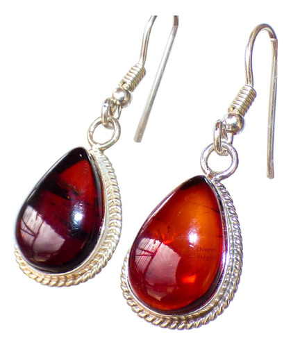 Aretes De Ámbar Rojo Auténtico Y Plata Ley .925 / Gotas / Fl