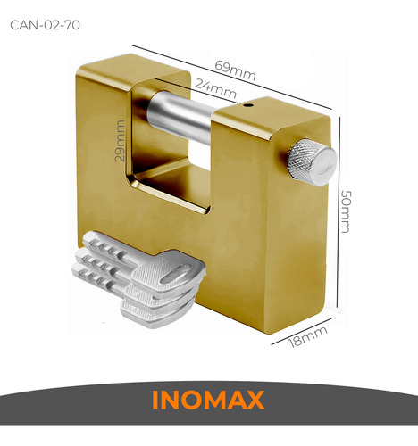 Candado Blindado De Acero 70 Mm Perno Horizontal De 10 Mm, Acorazado E Inviolable, Acabado Dorado Inomax