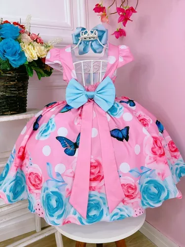 Vestido infantil Princesa Jardim Encantado Rosa c/ borboleta