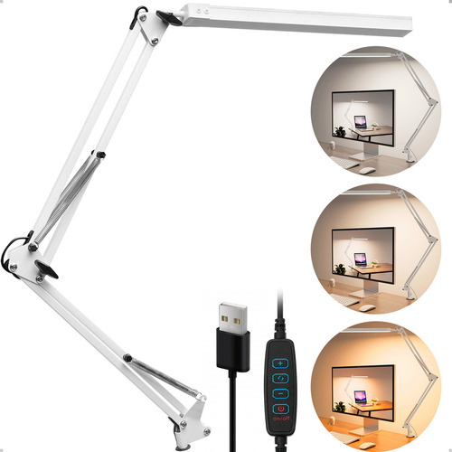 Luminária Mesa Barra Articulada Base Fixa E Garra Luz Led