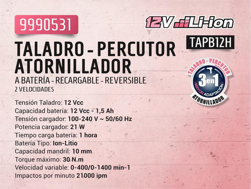 Imagen 2 de 3 de Taladro Atornillador Percutor 12v Pink Power By Dowen Pagio