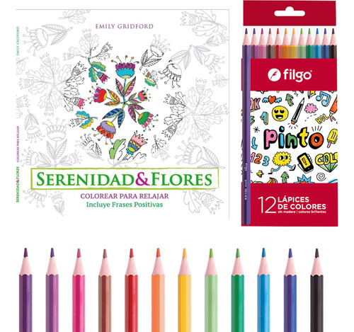 Set Libro Serenidad Y Flores Colorear + 12 Lapices Filgo