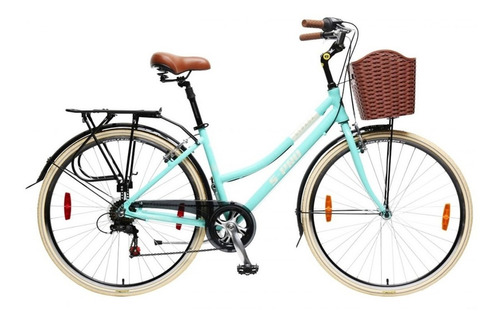 Bicicleta urbana femenina S-Pro Strada Lady DLX R28 7v cambios Shimano Tourney TZ50 color celeste/blanco con pie de apoyo